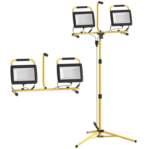 HOMCOM Időjárásálló LED munkalámpa két fejjel és háromlábú állvánnyal, 75x62x170 cm, sárga 146855685