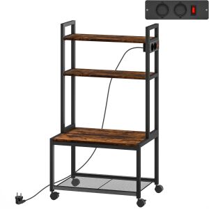 HOMCOM Cărucior Suport Imprimantă 4 Niveluri cu Prize și Roți, Maro 146856423 - Dulapuri cu rafturi