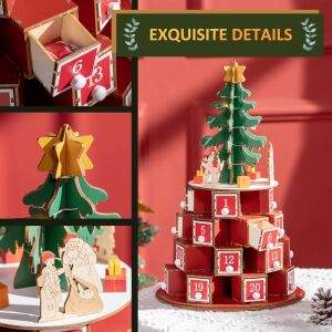 HOMCOM Calendar Advent de Craciun din lemn, cu lumini LED, pentru copii si adulti, rosu si verde 146856501 - Crăciun