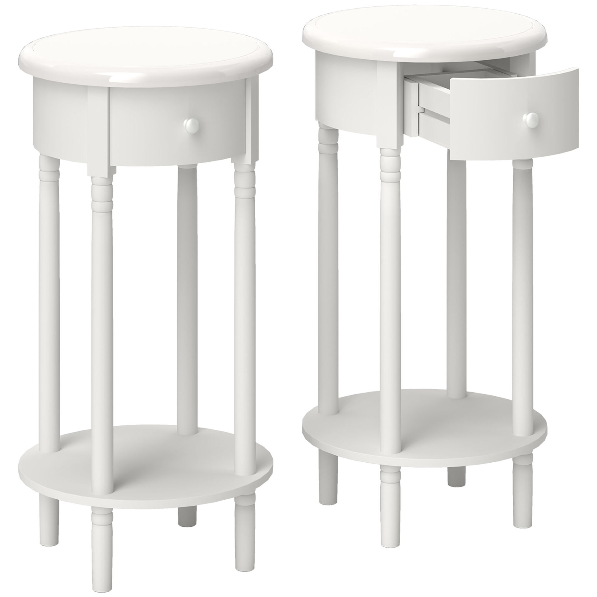 HOMCOM Set 2 Noptiere cu Sertar și Raft, Măsuțe de Cafea din Lemn în Stil Contemporan, Ø35,5x71 cm, Alb