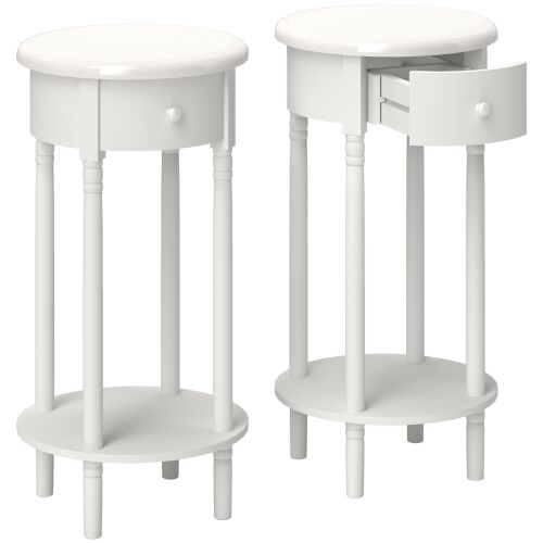 HOMCOM Set 2 Noptiere cu Sertar și Raft, Măsuțe de Cafea din Lemn în Stil Contemporan, Ø35,5x71 cm, Alb 146857415