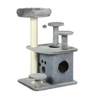 PawHut macskafa plüss fekhellyel és házzal, szizál oszlopok, 60x48x92 cm, szürke 146857543 - PawHut