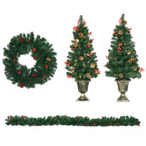 HOMCOM Decorazioni Natalizie Set 4 Pz con 2 Alberi Ghirlanda e Corona 146857851 - Crăciun