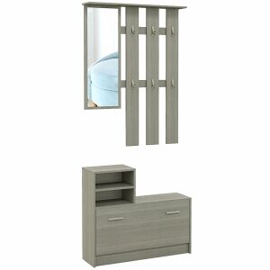 HOMCOM Set de Depozitare 4-în-1 pentru Hol, Cuier de Perete cu Oglindă, Bancă pentru Încălțăminte, 85x15x110 cm, Gri 146858291 - Seturi mobilier de hol