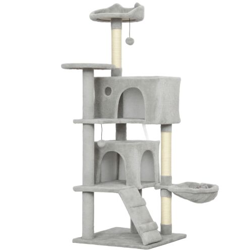 140cm Large Cat Tree Tower with Sisal Scratching Posts, Condos, Plush Perches, Hammock, Ladder, Light Grey 146858945
