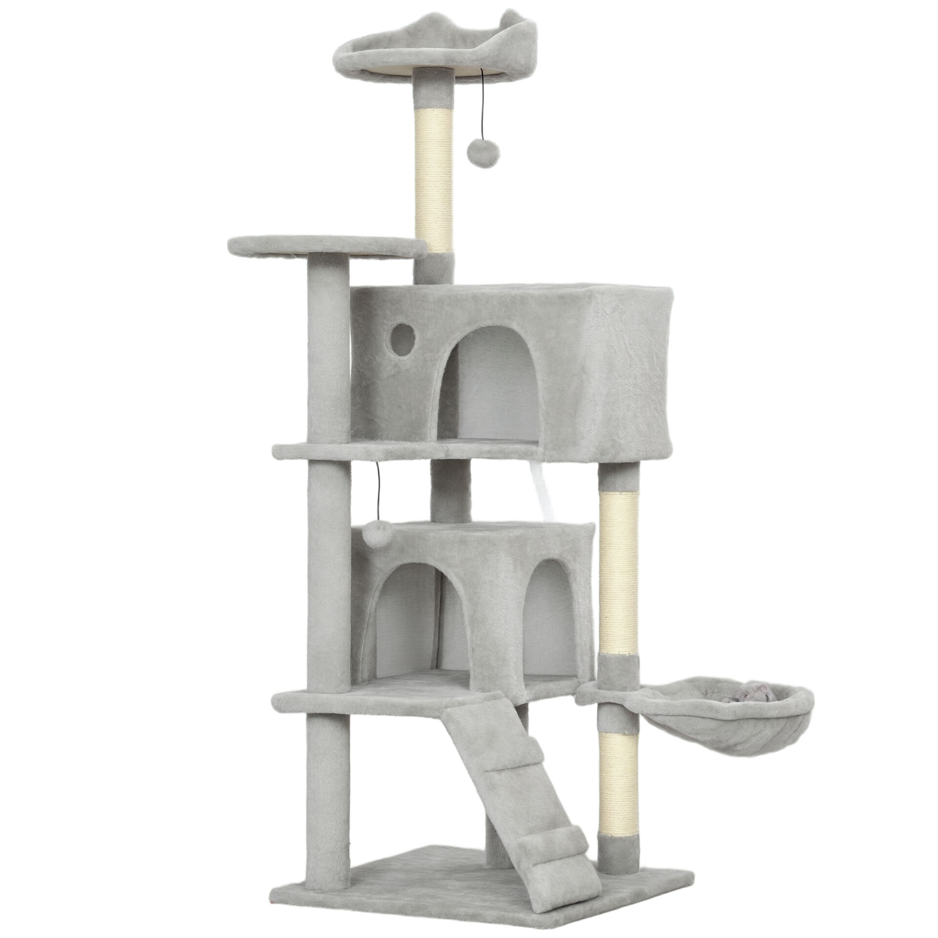 140cm Large Cat Tree Tower with Sisal Scratching Posts, Condos, Plush Perches, Hammock, Ladder, Light Grey