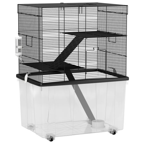 PawHut 3-szintes hörcsögketrec, mély talppal, rámpakerekekkel, tállal és pohárral, 58x43x74 cm, fekete 146859171