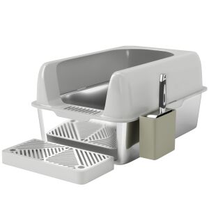 PawHut rozsdamentes acél macskaalom doboz fém kanállal, szőnyeggel és magas szélekkel, 60x41x29 cm, szürke 146859809 - PawHut