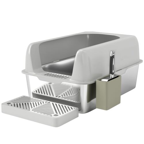 PawHut rozsdamentes acél macskaalom doboz fém kanállal, szőnyeggel és magas szélekkel, 60x41x29 cm, szürke 146859809