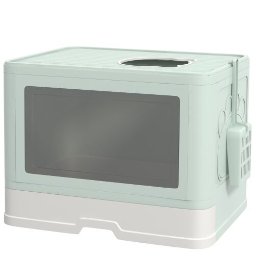 PawHut zárt macskaalom doboz, macska WC fedéllel és dupla elülső és felső bejárattal, kivehető tálca, kanál és kefe, könnyen tisztítható, zöld