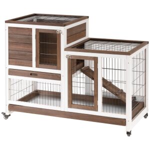 PawHut Fa nyúlketrec kerekekkel, kivehető tálcákkal és nyúlház rámpával, 110x50x86cm, barna és fehér 146860269 - Kennel, ketrec, kalitka, kiegészítők
