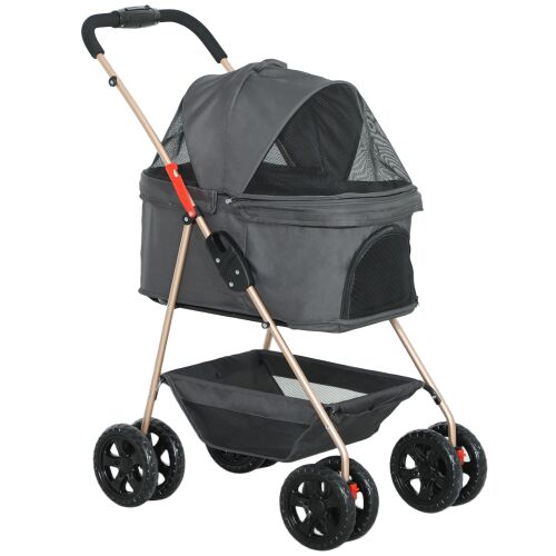 PawHut 3 az 1-ben kisállat babakocsi 4 kerékkel és kivehető hordtáskával, 76x50x102 cm, szürke