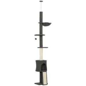 PawHut Magas Mennyezetű Macskafa 220-240 cm Függőággyal, Házikóval, Virág alakú Platformokkal és Szizál Oszlopokkal, Szürke 146862811 - PawHut