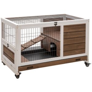 PawHut Fa Ketrec 4 Kerekekkel, Nyúlketrec és Rámpa, 90x53x59cm, Barna 146862905 - Kennel, ketrec, kalitka, kiegészítők