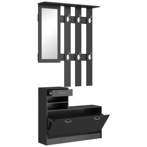 HOMCOM Előszobaszekrény Cipőtartóval és Tükörrel, Polcokkal és Fiókos Anyaggal, Forgácslap Szekrény, 90x10x91 cm, Fekete 146863268 - Előszoba garnitúra