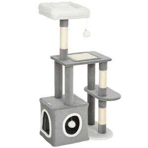PawHut Macskakaparófa Házikóval, Ágyjal és 2 Labdával, Fa és Plüss, 55x40x107 cm, Szürke és Fehér 146863802 - PawHut