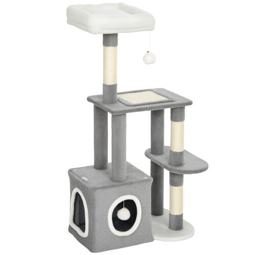 PawHut Macskakaparófa Házikóval, Ágyjal és 2 Labdával, Fa és Plüss, 55x40x107 cm, Szürke és Fehér