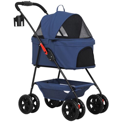 PawHut 3 az 1-ben kisállat babakocsi 4 kerékkel és kivehető hordtáskával, 76x50x102 cm, kék 146864601