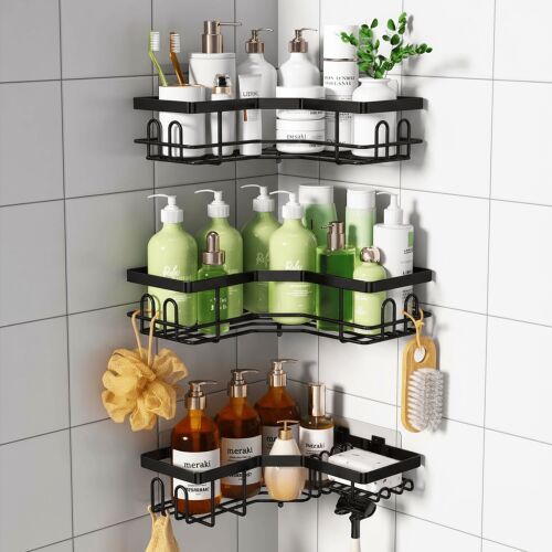 Raft de Dus, Etajera Baie si Bucatarie, Din Otel Inoxidabil, Pentru Depozitare in Bucatarie, Organizator Baie, set 3 rafturi de dus, Gel Dus, Montaj Fara Gauri, Gadgetry 146868349