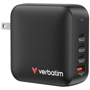 Verbatim 32216 Mini GaN 3xUSB-C 1xUSB-A Hálózati gyorstöltő 165W + utazó adapterek (US/EU/UK) - Fekete 146870075 - Hálózati adapter