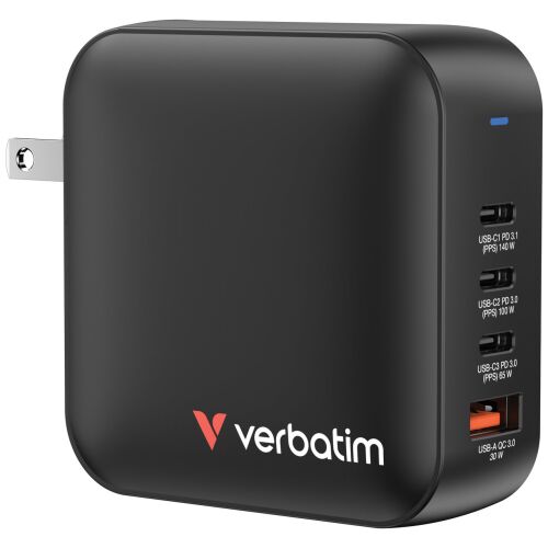 Verbatim 32216 Mini GaN 3xUSB-C 1xUSB-A Hálózati gyorstöltő 165W + utazó adapterek (US/EU/UK) - Fekete 146870075