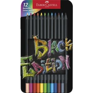 Színes ceruza készlet, háromszögletű, fémdobozban, FABER-CASTELL "Black Edition",  12 különböző szín 146892700 - Színes ceruza