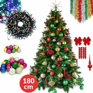 Műkarácsonyfa, fém támasztékkal, 180 cm magas, 43db díszekkel, földgömbökkel. talmi, lámpák, PVC-ből, zöld