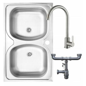 Dupla medencés acél mosogató 80x50 + csaplyuk + szifon + csaptelep