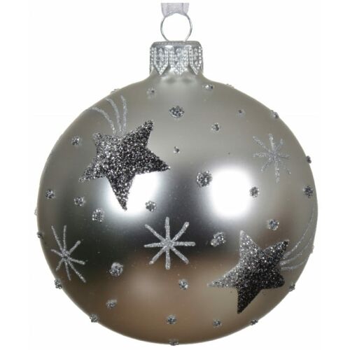 Üveg karácsonyi gömbdísz 8cm ezüst csillagokkal 146928166