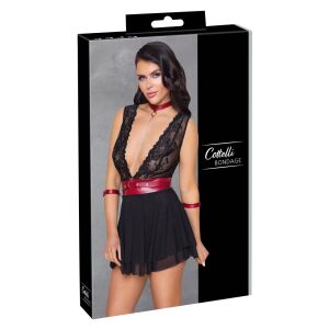 Cottelli Bondage - Szexi fekete babydoll piros gallérral, övvel és mandzsettával, L 146936953 - Női ruházat