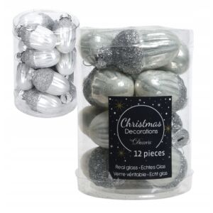 Ezüst üveg makk gömbdíszek, 12 db-os készlet, 3x4cm 146941912 - Szezonális dekoráció