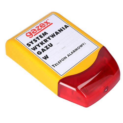 Optikai-akusztikus sziréna 110/103dB + piros LED lámpa, 12V, IP44, címke leírással