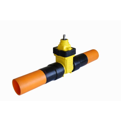 OptiValve ékes tolózár DN80/OD90, PN10 gázhoz, PE100 SDR11 hegesztő csatlakozásokkal, lágy tömítésű, NBR, kerék nélkül, CC zárással (jobbra),