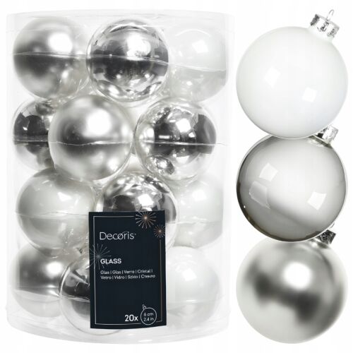 Zestaw 20 Szklanych Bombek na choinkę Mix srebrno-białe 6 cm
