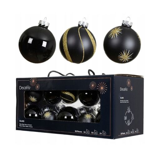 Zestaw 20 Szklanych Bombek Choinkowych Czarne Dekorowane Mix 5/6/7cm 146965213