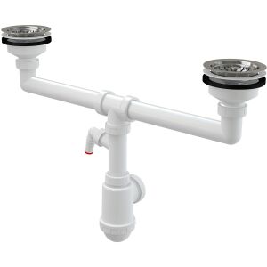 Szifon dupla tálos mosogatóhoz csatlakozóval, rozsdamentes acél szűrőkkel DN115 és csatlakozóval