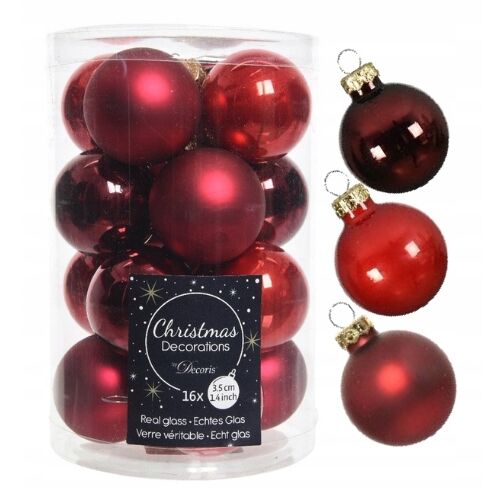 Piros kerek üveggömbdíszek, 16 db-os készlet, 3,5 cm