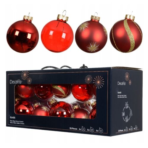 Zestaw 20 szklanych czerwonych bombek choinkowych 5/6/7 cm 146970352