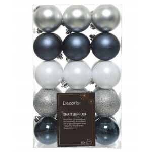 Zestaw 30 bombek choinkowych 6 cm nietłukących granatowe srebrne białe 146970430 - Szezonális dekoráció