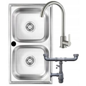 Zlewozmywak wpuszczany dwukomorowy 78x43 cm stalowy z baterią i syfonem 146975415 - Építkezés & Felújítás