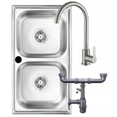 Zlewozmywak wpuszczany dwukomorowy 78x43 cm stalowy z baterią i syfonem 146975415