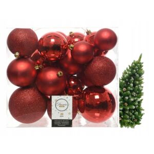 Piros, kerek, törésálló gömbdíszek, 26 darabos készlet, 6-10 cm