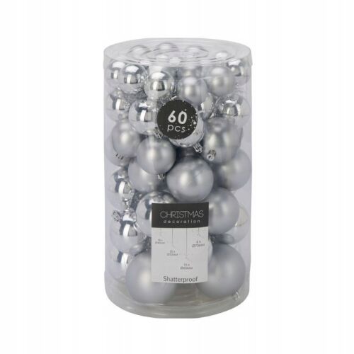 Zestaw 60 bombek choinkowych świątecznych plastikowe srebrne 146980204