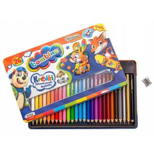 Zestaw 26 kredek w drewnianej oprawie + temperówka, metalowe pudełko 146980527