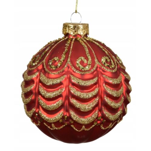 Bombka choinkowa szklana czerwona 10 cm ze złotym brokatowym wzorem 146985257