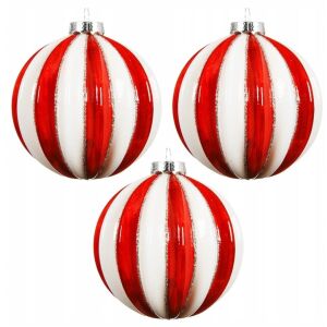 Bombki choinkowe 3 szt. szklane biało-czerwone żłobione 8 cm wysoka jakość