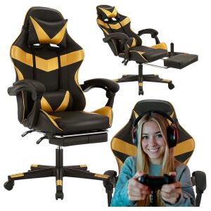 Gamer szék lábtartóval – kényelmes kagylóülés, akár 150 kg teherbírásig, sárga