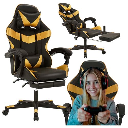 Gamer szék lábtartóval – kényelmes kagylóülés, akár 150 kg teherbírásig, sárga 146996864