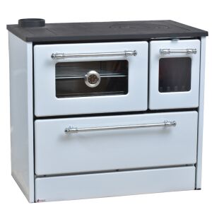 OMEGA Fehér tűzhely, fa vagy brikett tüzelésű, öntöttvas tűztérrel és főzőlappal, 9 kW, 87 x 51 x 79 cm, bal oldali füstelvezetéssel, 13 cm-es füstcsatlakozás átmérője, sütő mérete 450 x 455 x 175 mm, hatásfok 75% 147017942 - Kandalló & Kályha