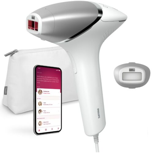 Philips Lumea IPL Epilator Series 8000 BRI940/00, czujnik Smartskin, technologia SenseIQ, połączenie z aplikacją, przewodowe użytkowanie, 450 000 impulsów, akcesorium do ciała, biało-srebrny 147051759